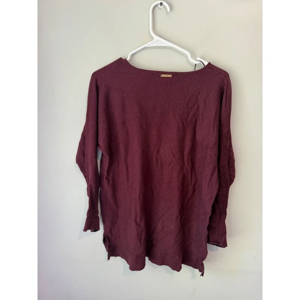 Michael Kors Womens Burgundy Long Sleeve Knit Sweater Gold Logo Plate Size L